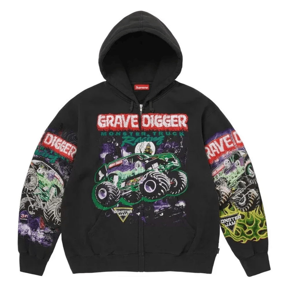 SUPREME GRAVE DIGGER ZIP UP HOODED SWEATSHIRT BLACK